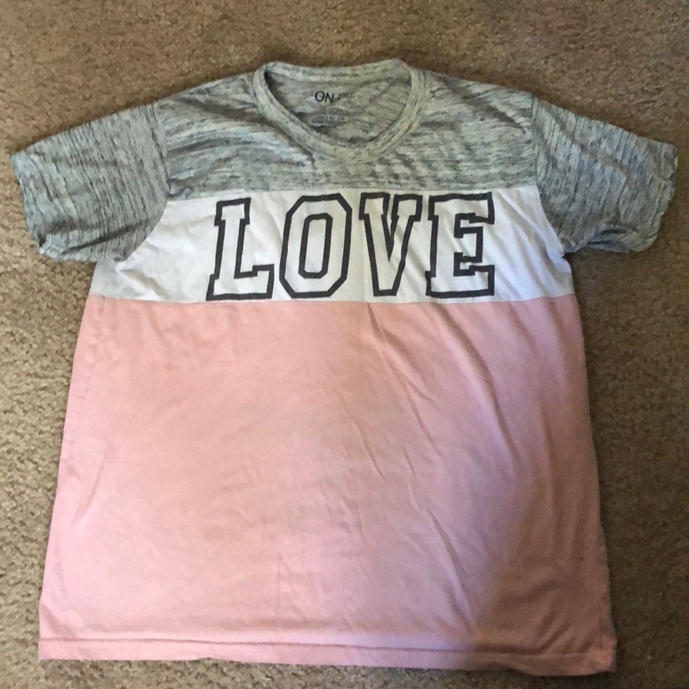Grey, pink, and white love shirt